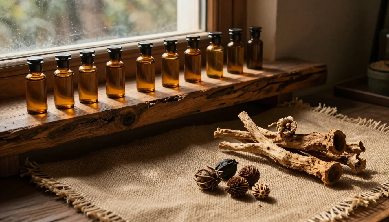 Apothecary bench with amber supplement bottles