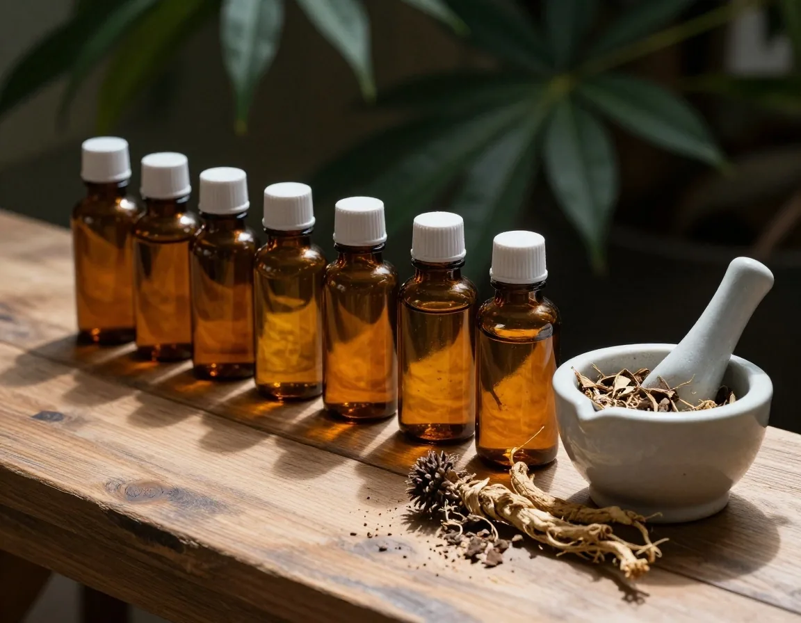 Amber supplement bottles in a wooden apothecary tray under warm light