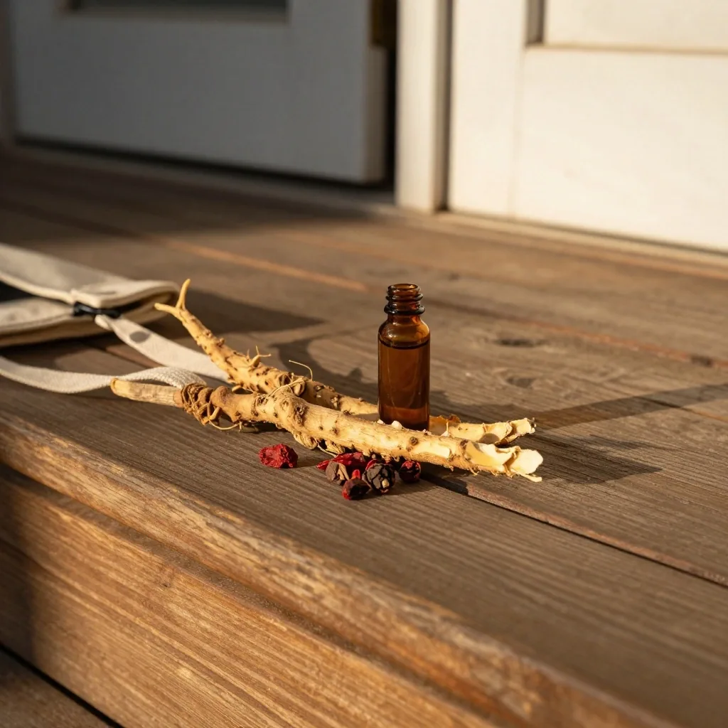 Amber supplement bottles in a wooden apothecary tray under warm overhead light