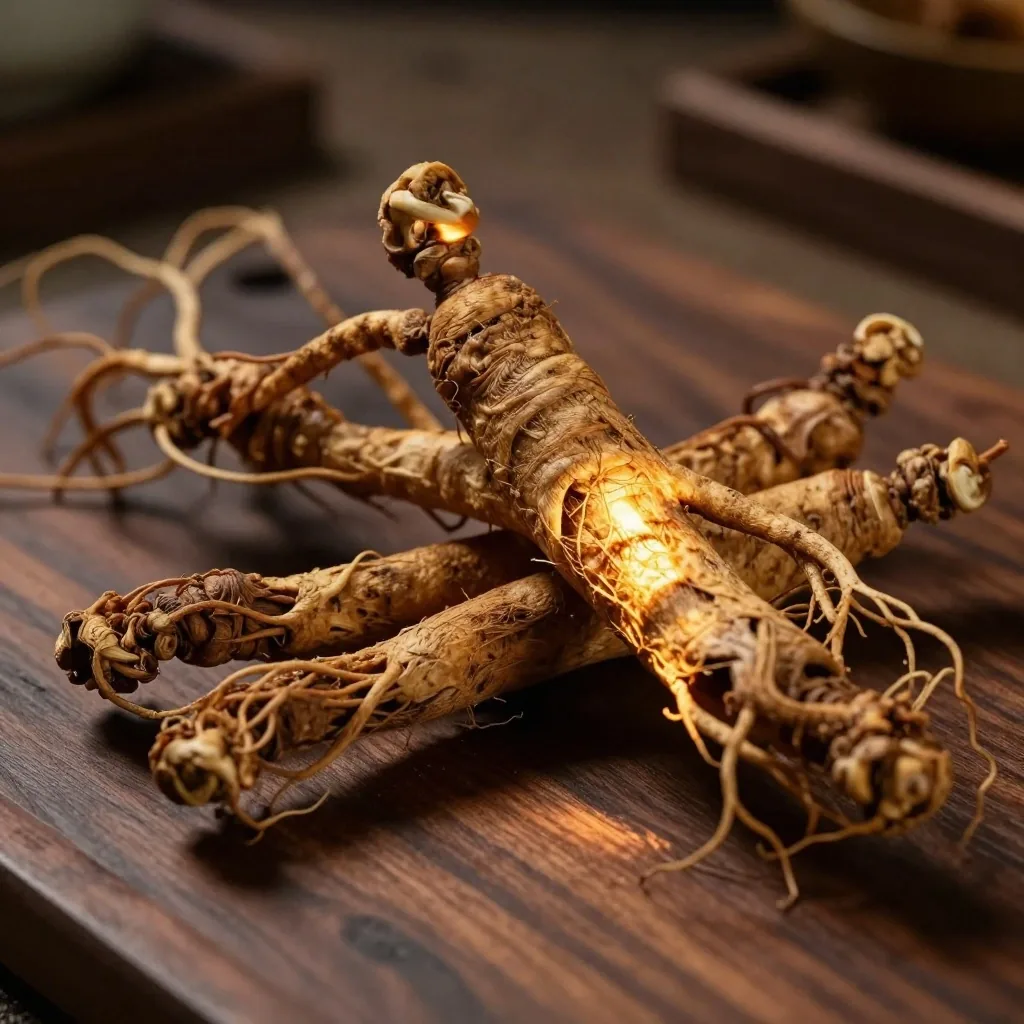 Dried ginseng, maca, and tongkat ali roots on dark wood under warm light