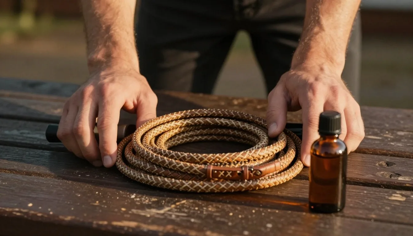 A jump rope and amber supplement bottle resting on a dark wooden bench