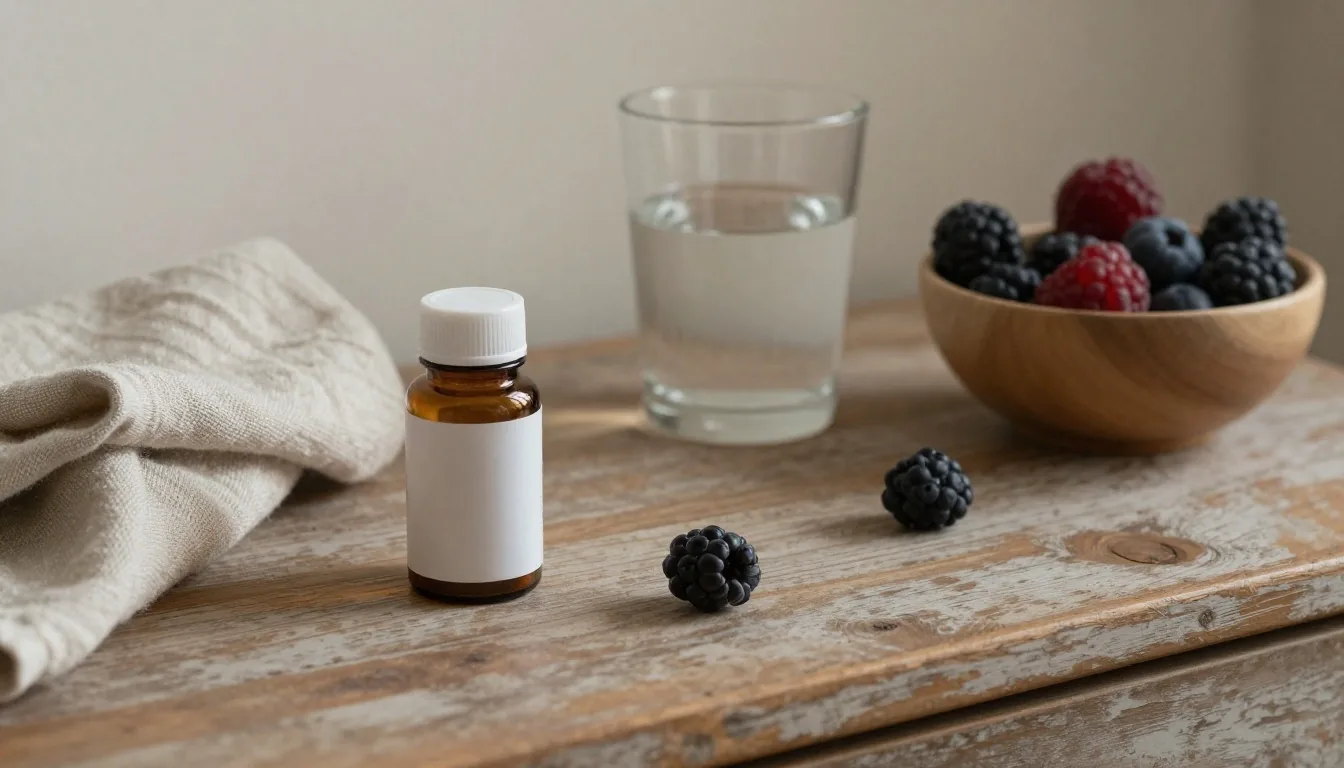 Amber glass supplement bottles arranged on a warm wooden apothecary tray under overhead light
