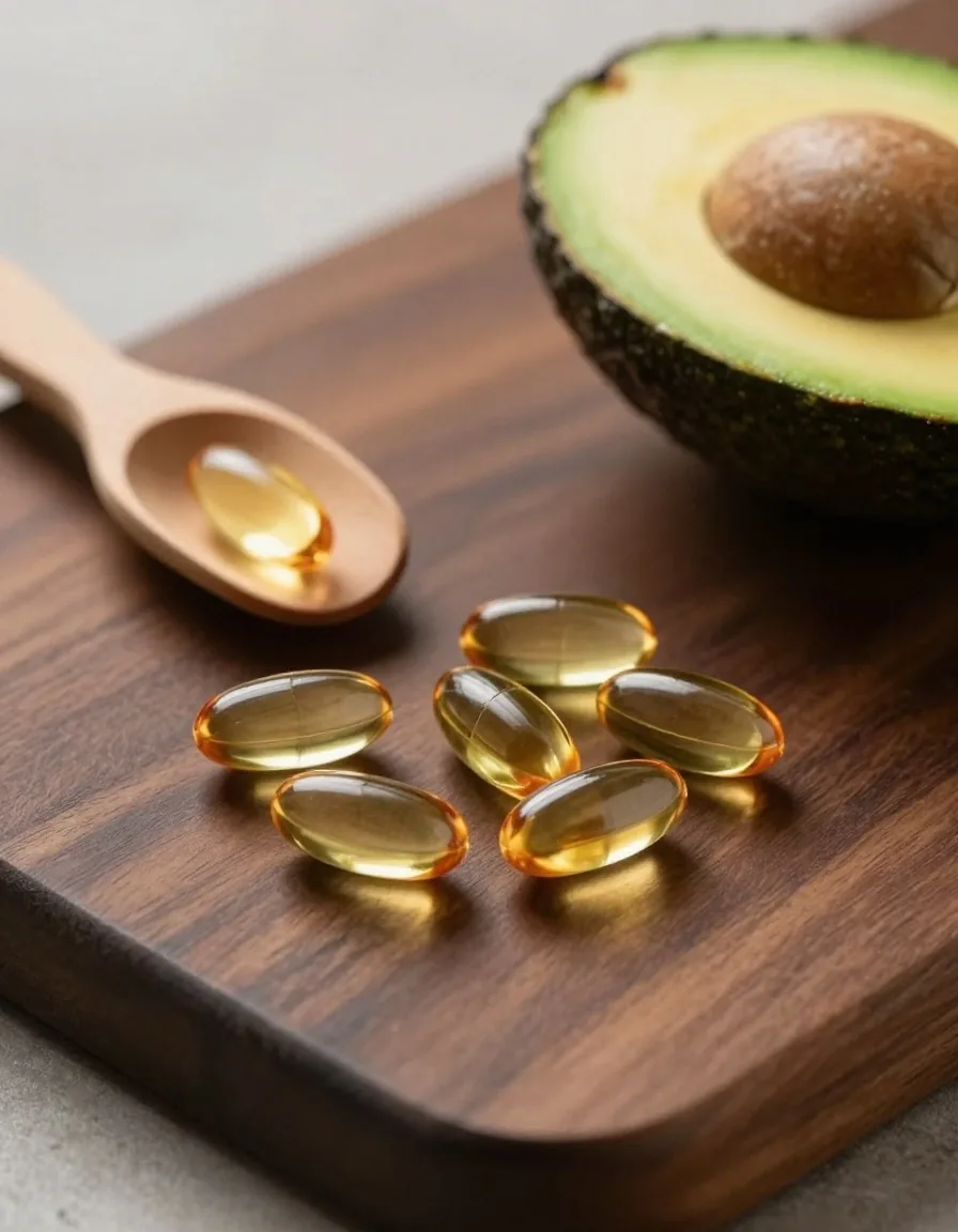 Amber supplement capsules on a dark walnut wood surface with a small wooden scoop