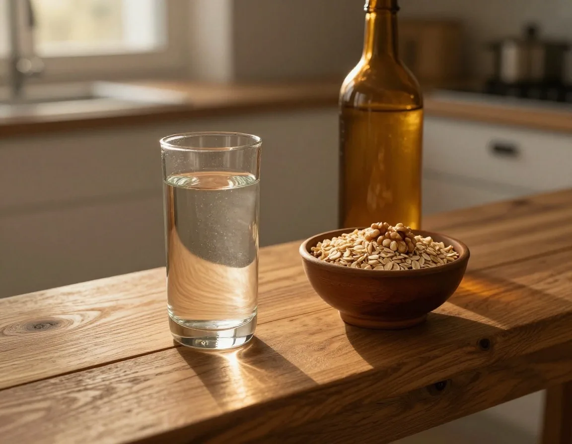 Glass of water and supplement bottle beside a bowl of oatmeal on a wooden bench