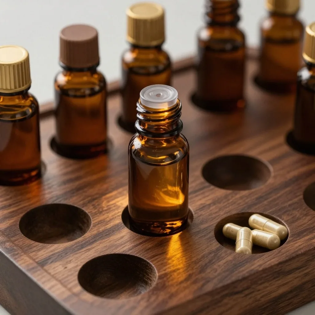 Amber glass supplement bottles in a wooden apothecary tray