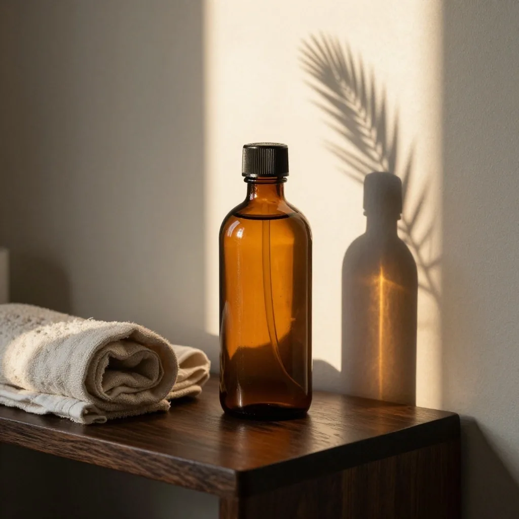 Amber glass bottle on dark wood with warm light