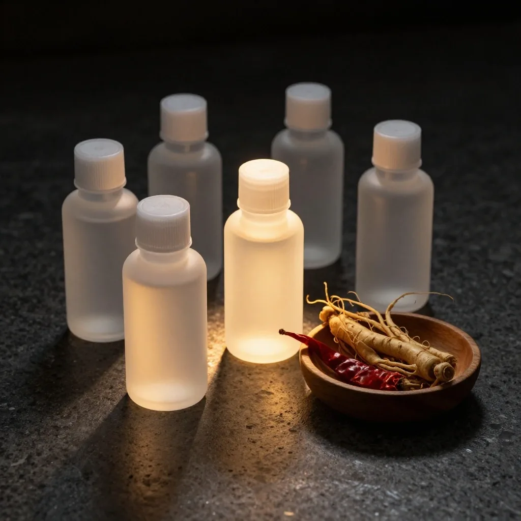 Amber glass supplement bottles arranged in a wooden apothecary tray under warm overhead light