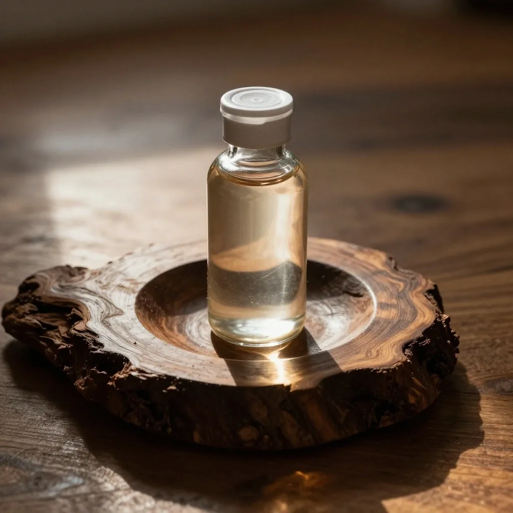 Amber bottle in circular wood well