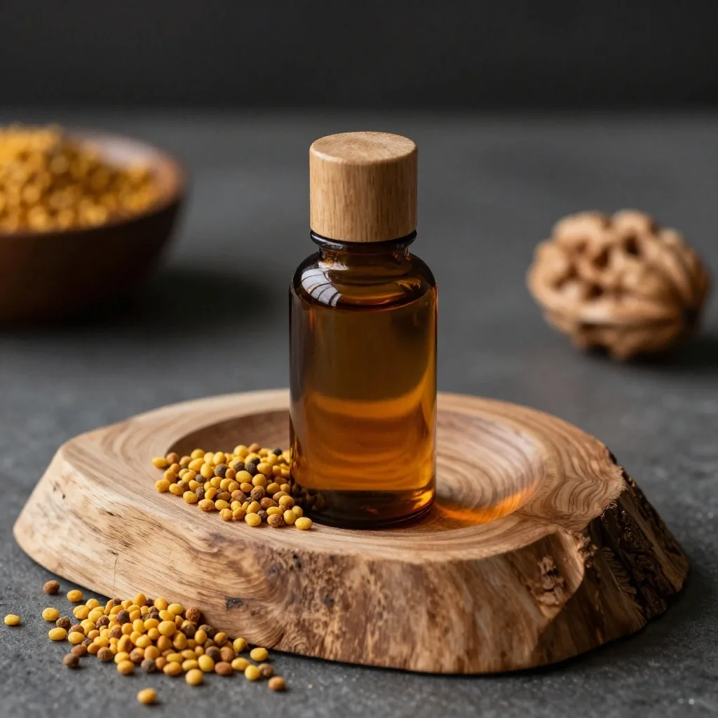 Amber bottle in recessed wooden well under warm light