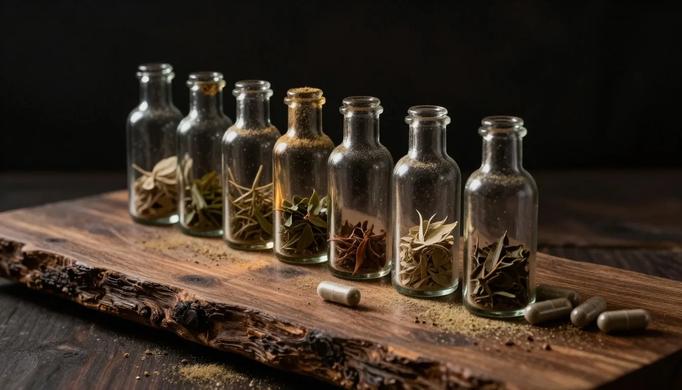 Amber supplement bottles in a row on a dark wooden bench