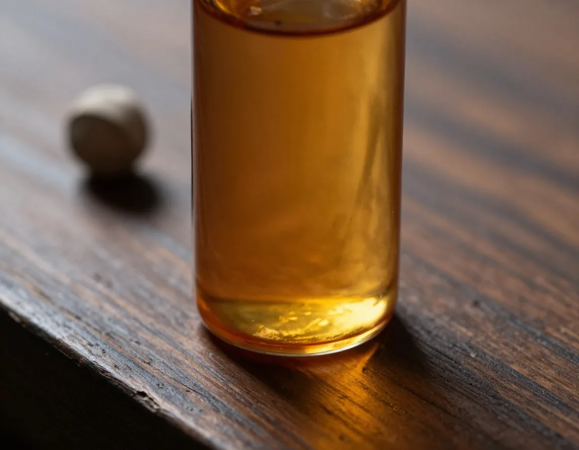 Close-up of amber bottle label texture on dark wood