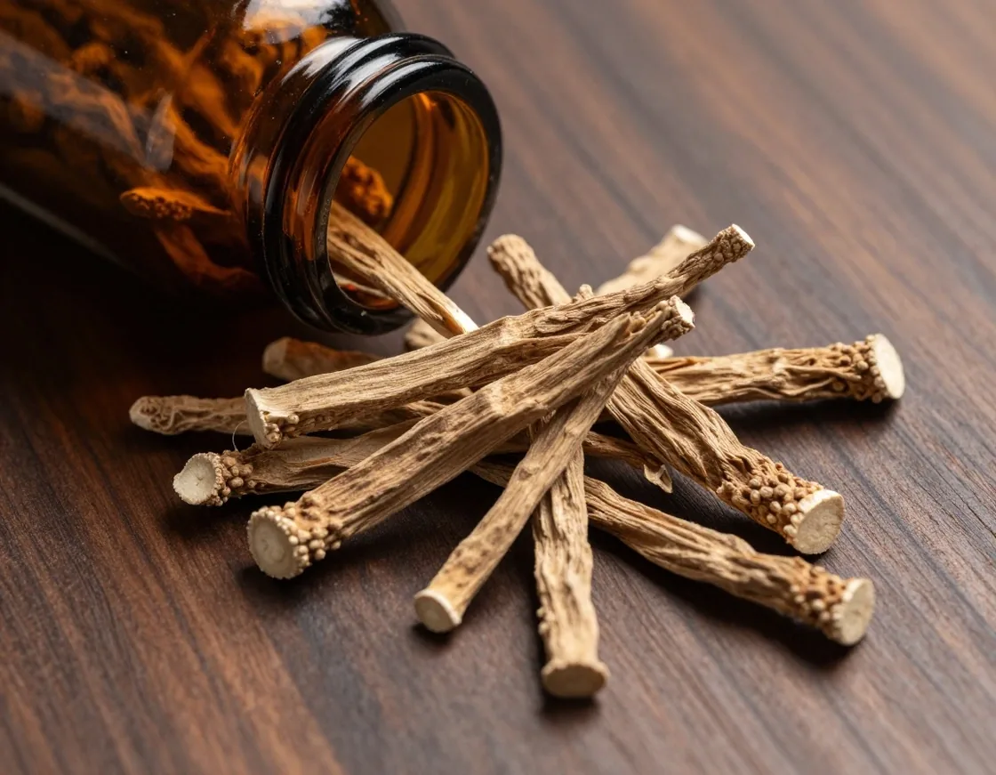 Dried tongkat ali root on dark wood surface with amber bottle