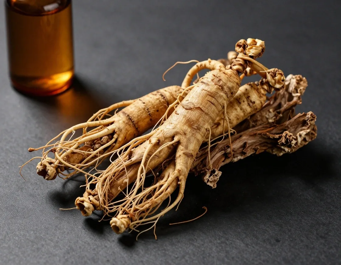 Ginseng root pieces on dark wood with amber bottle