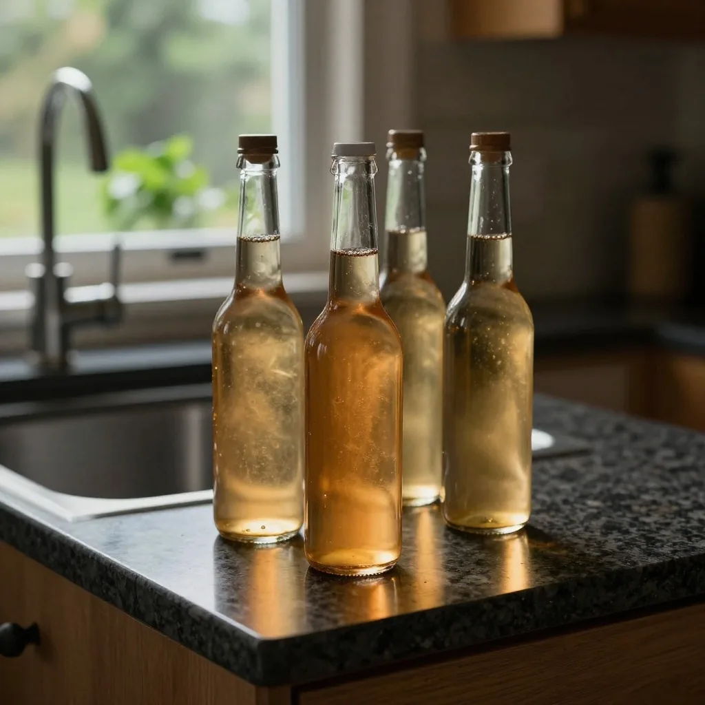 Two amber supplement bottles on dark wooden bench