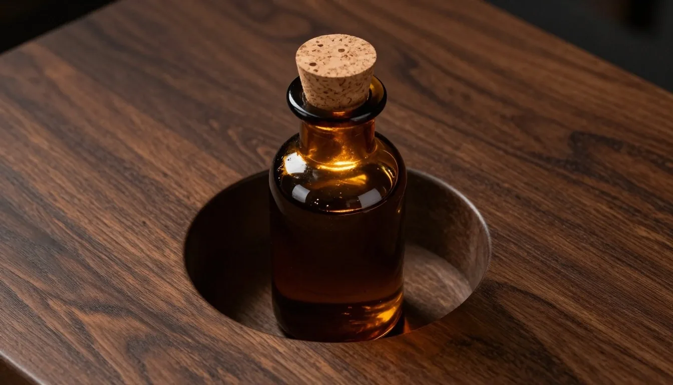 Sealed amber glass bottle in a recessed wooden well under warm light