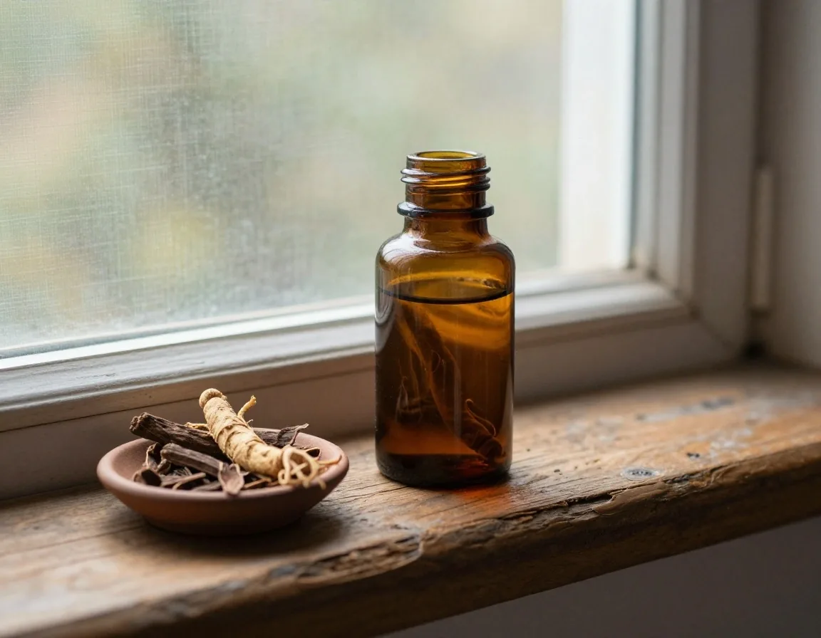Amber supplement bottle with engraved label under warm light