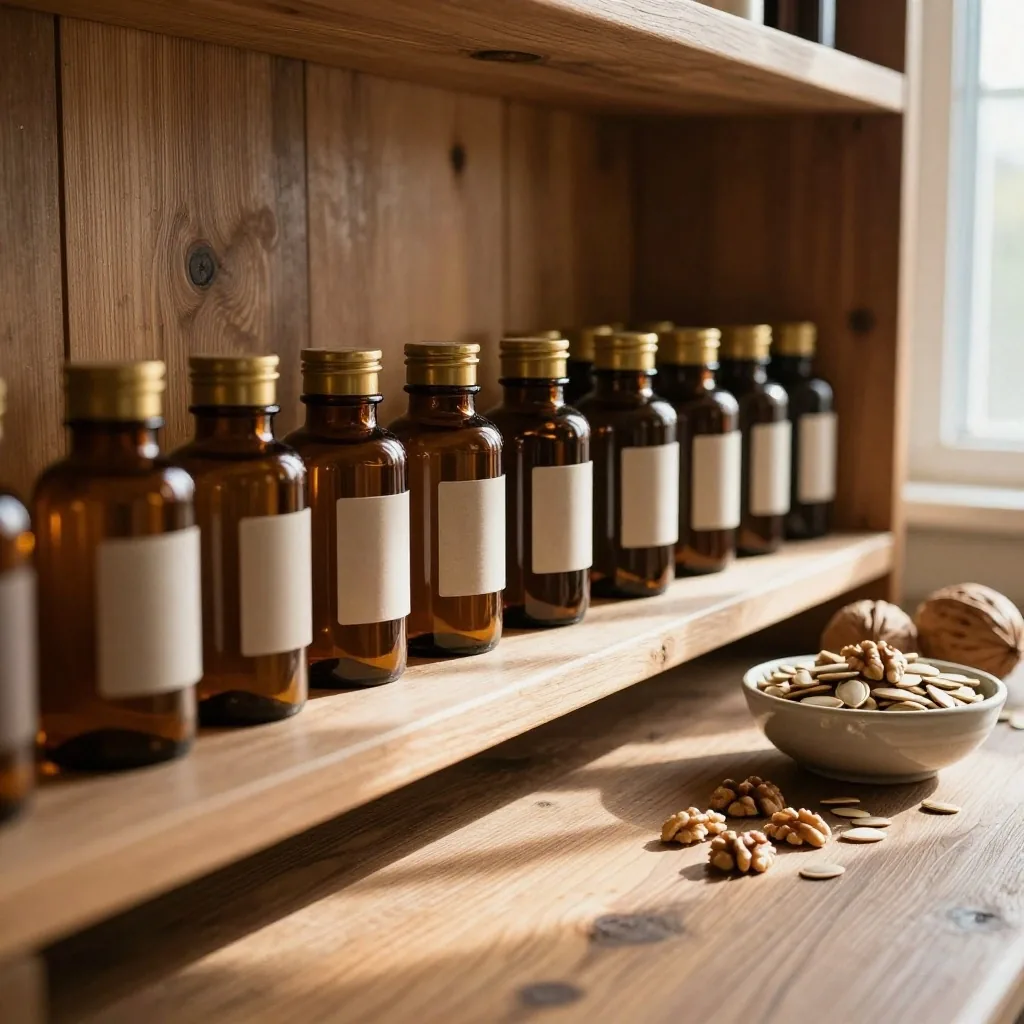 Amber supplement bottles in a wooden tray under warm overhead light