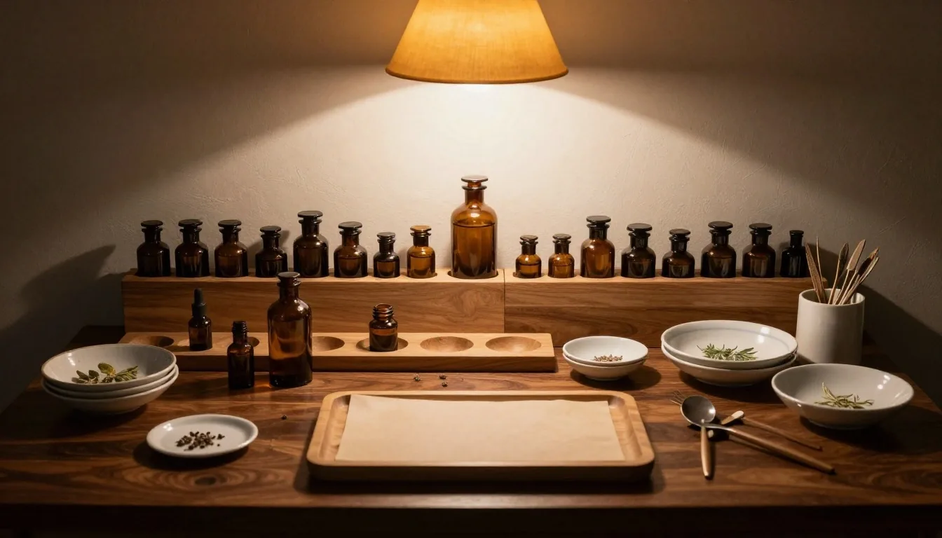 Apothecary bench with amber bottles under overhead light