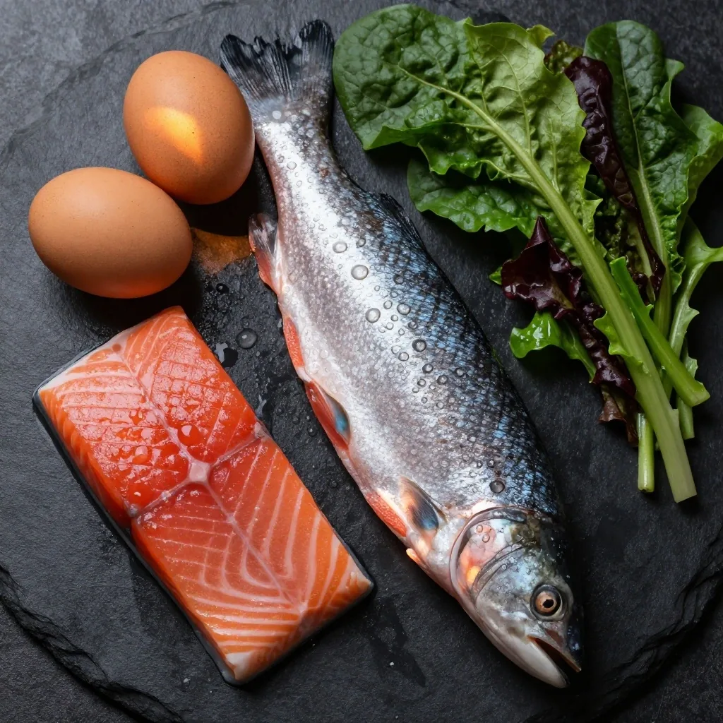 Eggs, salmon, and leafy greens — B-vitamin food sources